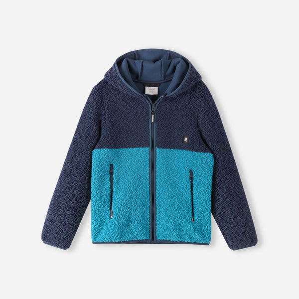 Chaqueta de felpa Reima Muhkea para niños, color azul marino – Foto del producto (parte delantera)