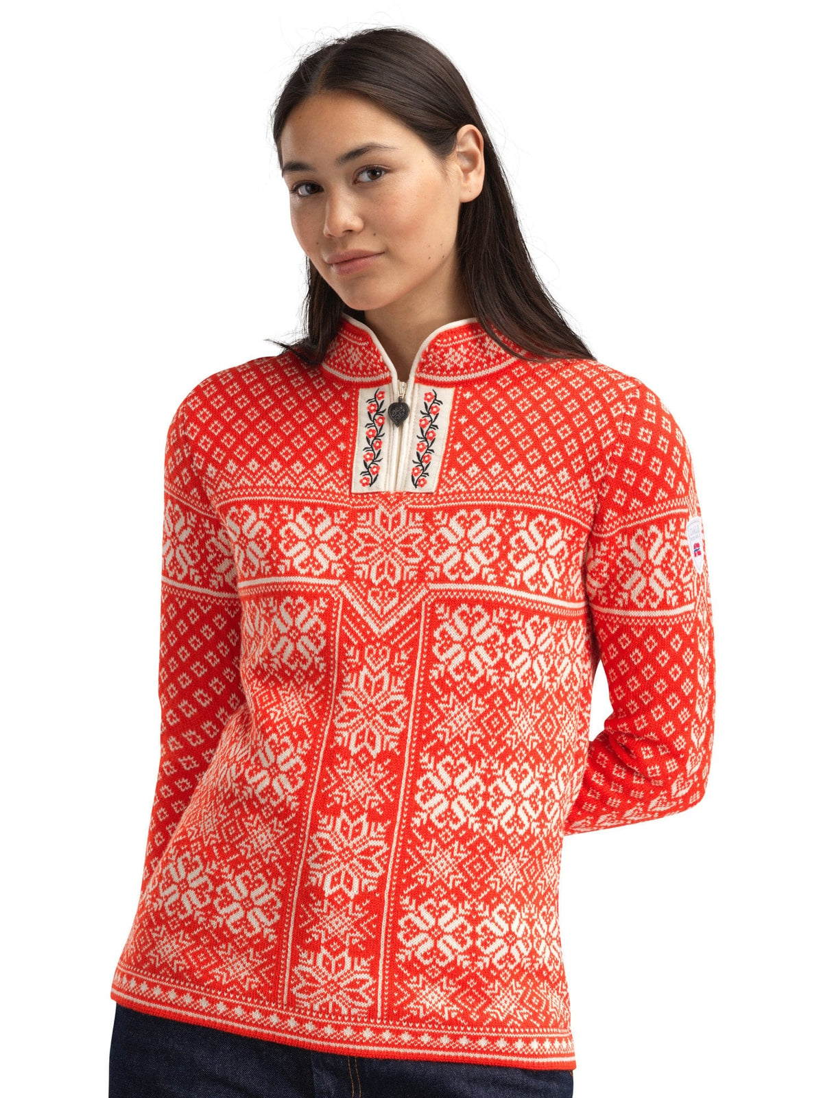 Pull en laine femme Dale of Norway PEACE rouge rouge - blanc cassé vue studio 1