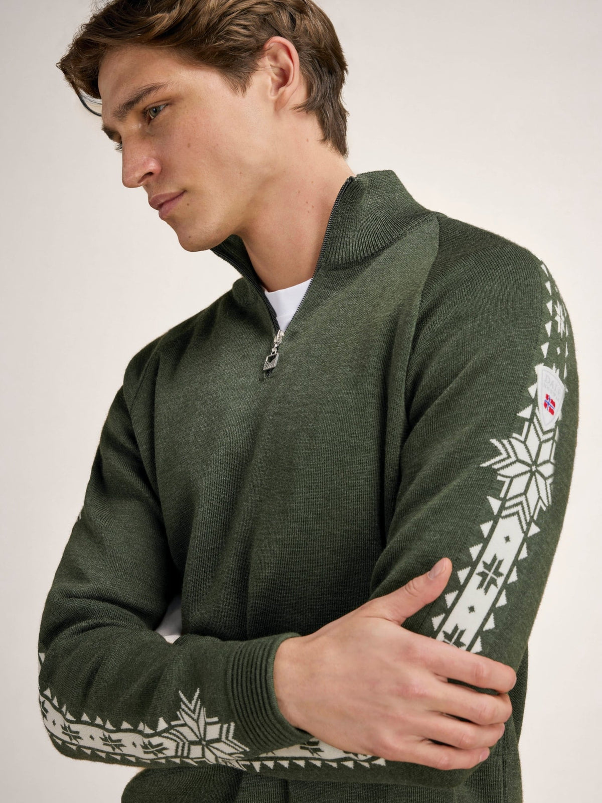 Dale Of Noorwegen GEILO Merino Sweater Heren – Donkergroen - Offwhite – Mouwdetail