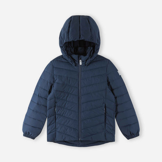 Giacca leggera isolante Reima Uumaja per bambini, blu navy – Foto del prodotto con cappuccio aperto 3