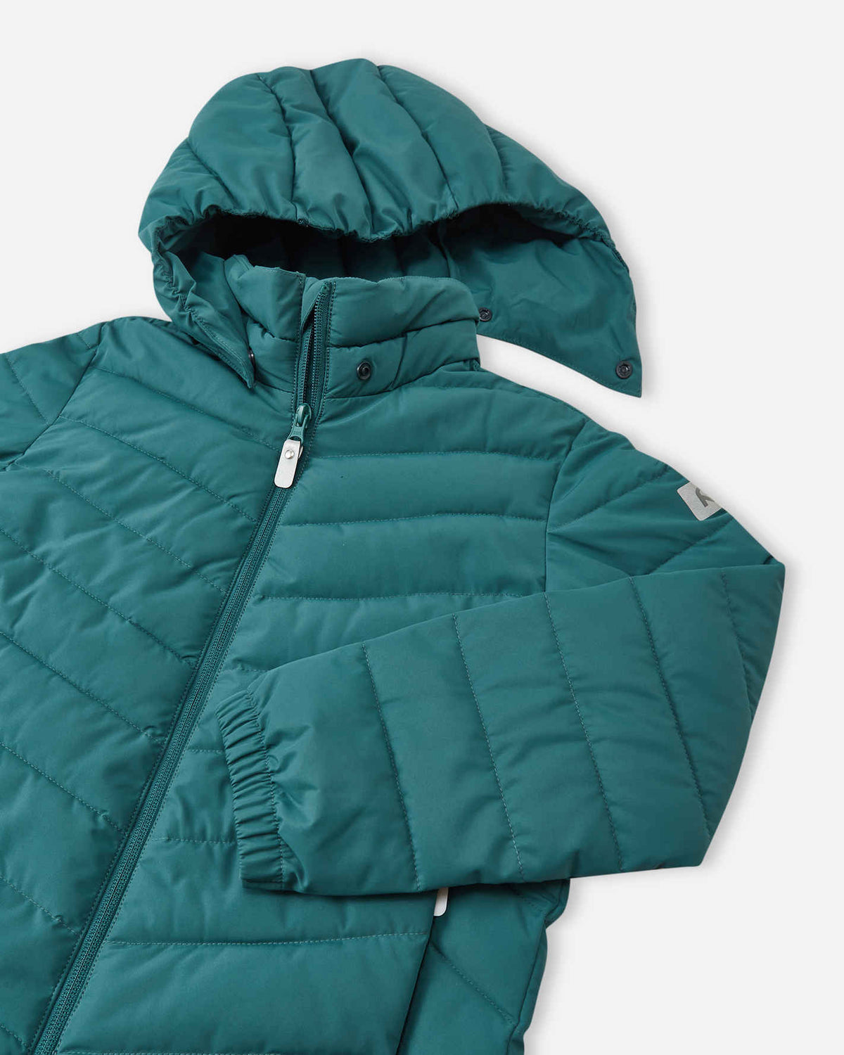 Giacca leggera isolante Reima Uumaja per bambini, colore Dark Teal – Foto del prodotto con cappuccio aperto 3
