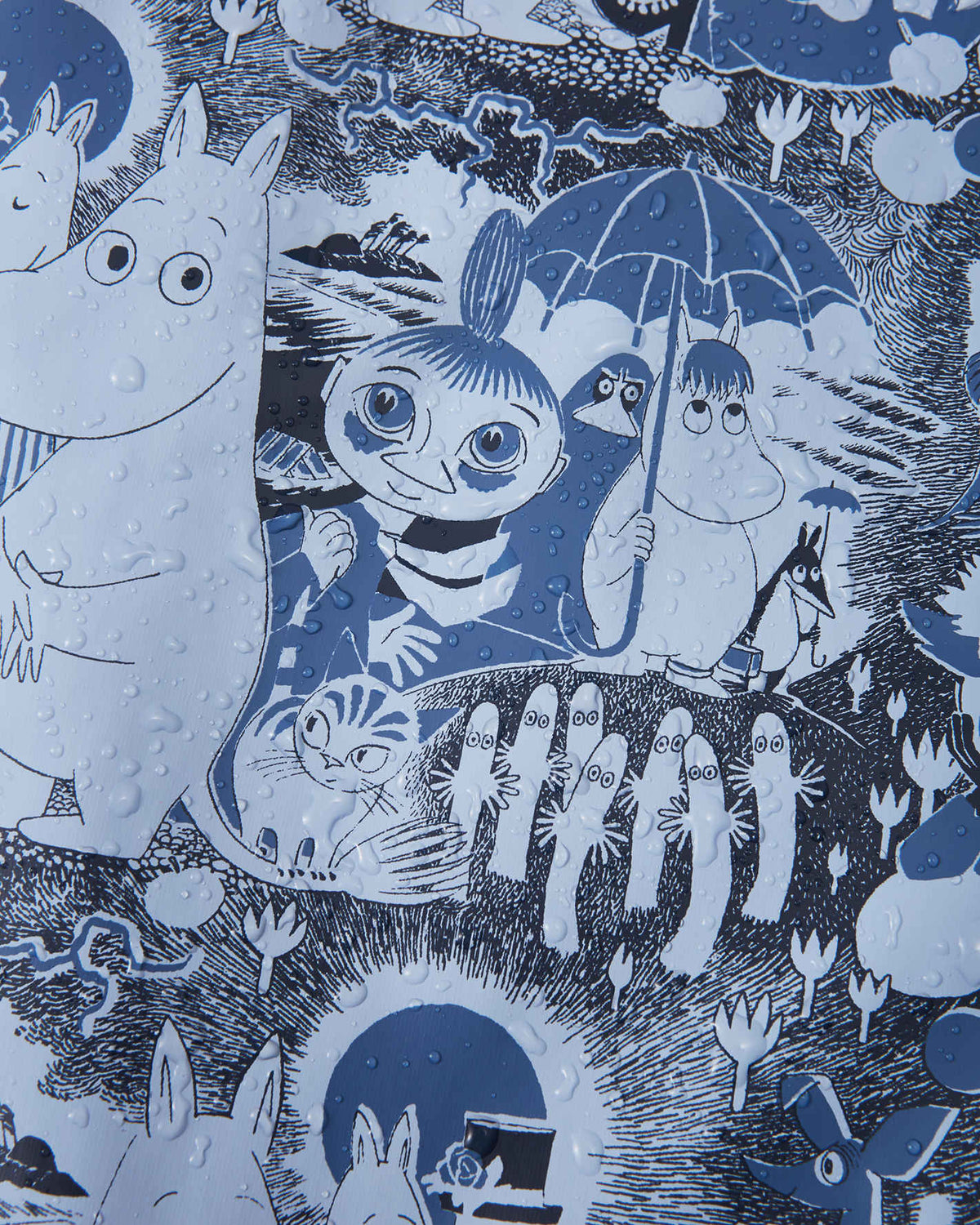 Combinaison de pluie Reima Moomin Rapakko pour enfants, couleur Airy Blue – Gros plan sur la matière