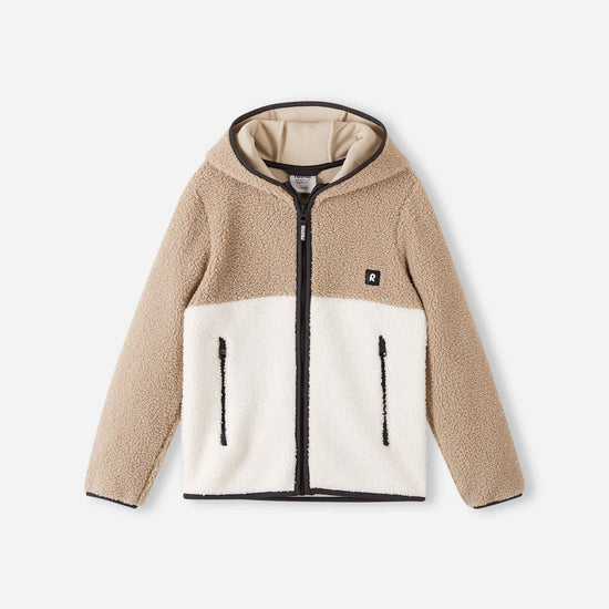 Giacca in pile Teddy Reima Muhkea per bambini, color beige terra – Foto del prodotto (vista frontale)