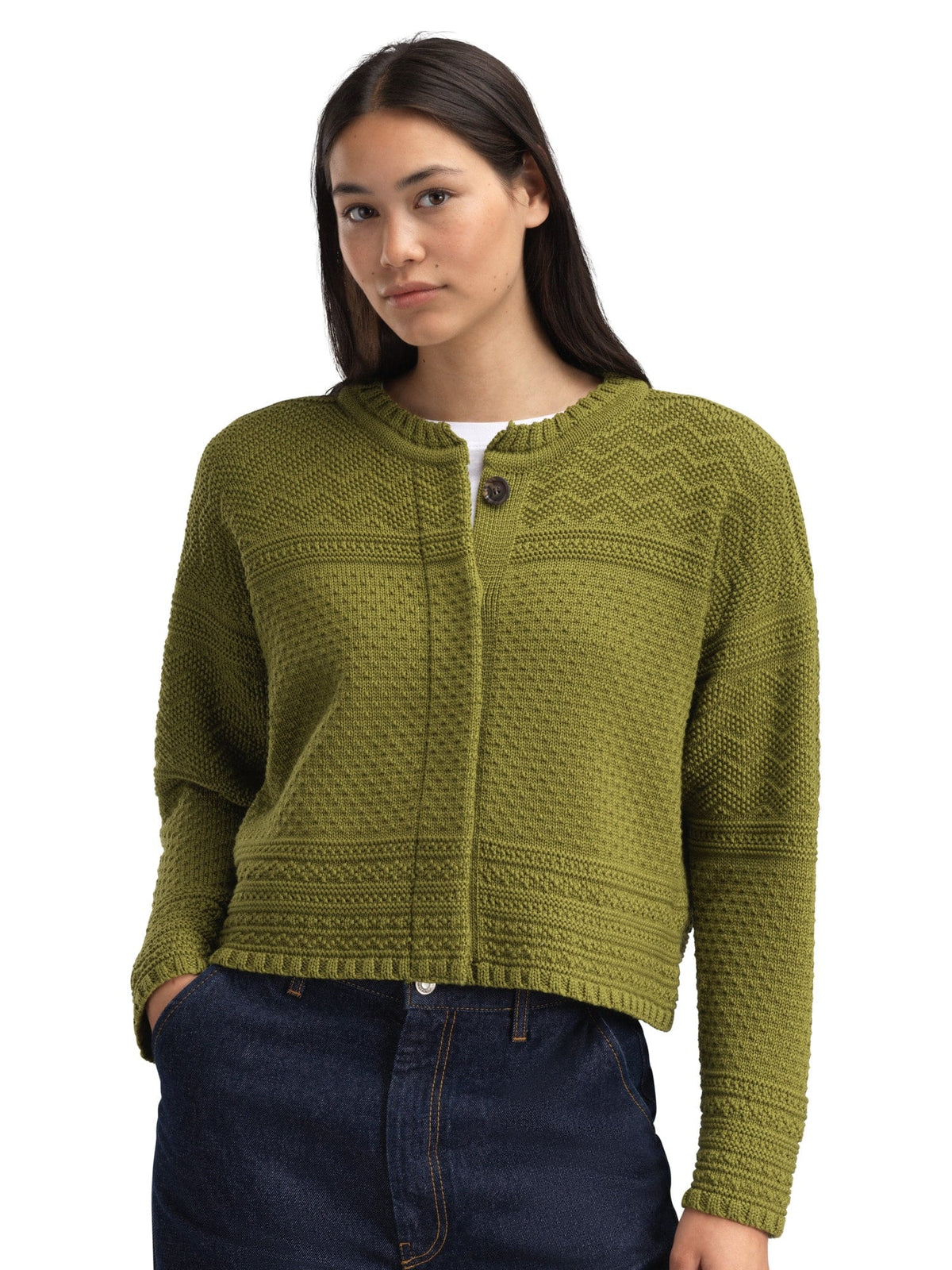 Dale Of Norway LUSA Wool Cardigan Women Alum Green – Studio Front View