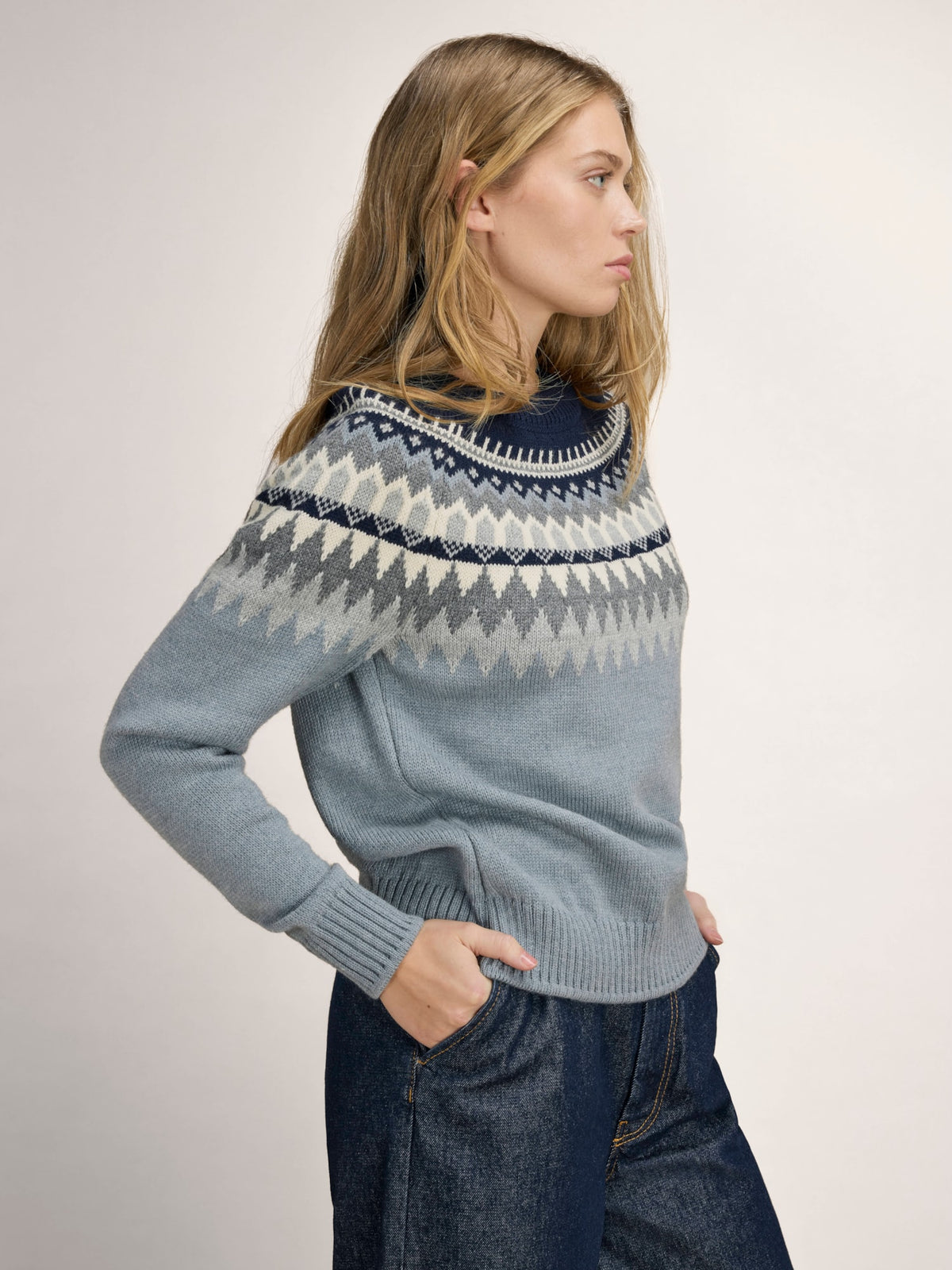Dale Of Norway LOSNA Wollpullover Damen – Mid Blue Melange - Light Charcoal - Offwhite