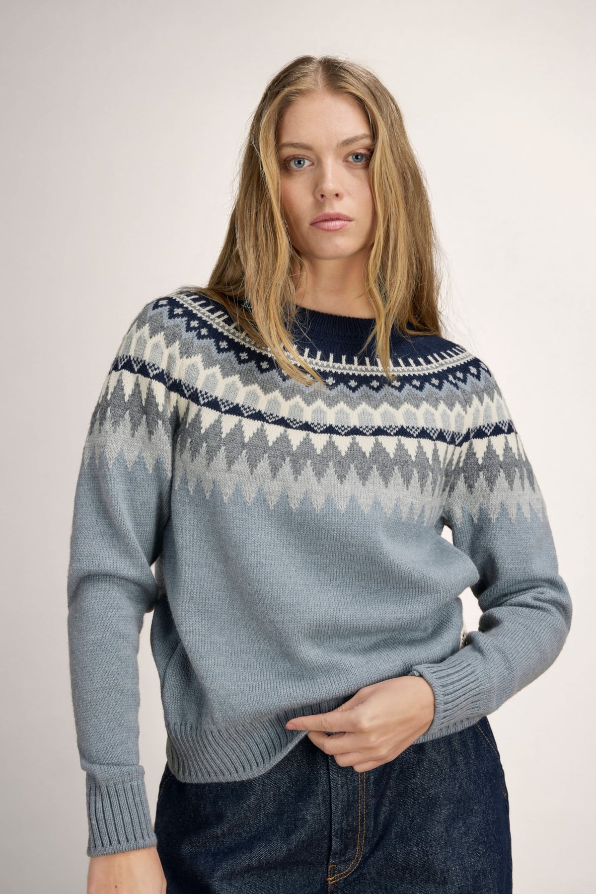 Dale Of Norway LOSNA Wollpullover Damen – Mid Blue Melange - Light Charcoal - Offwhite