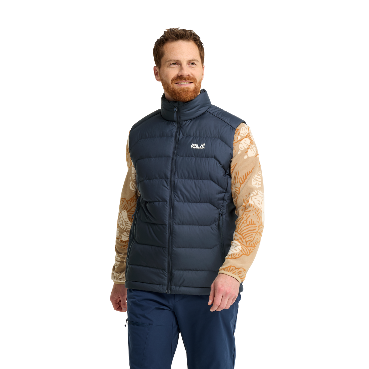 Jack Wolfskin WILD PASS DOWN VEST M RDS Herren Daunenweste Midnight Sky – Studioaufnahme Vorderansicht