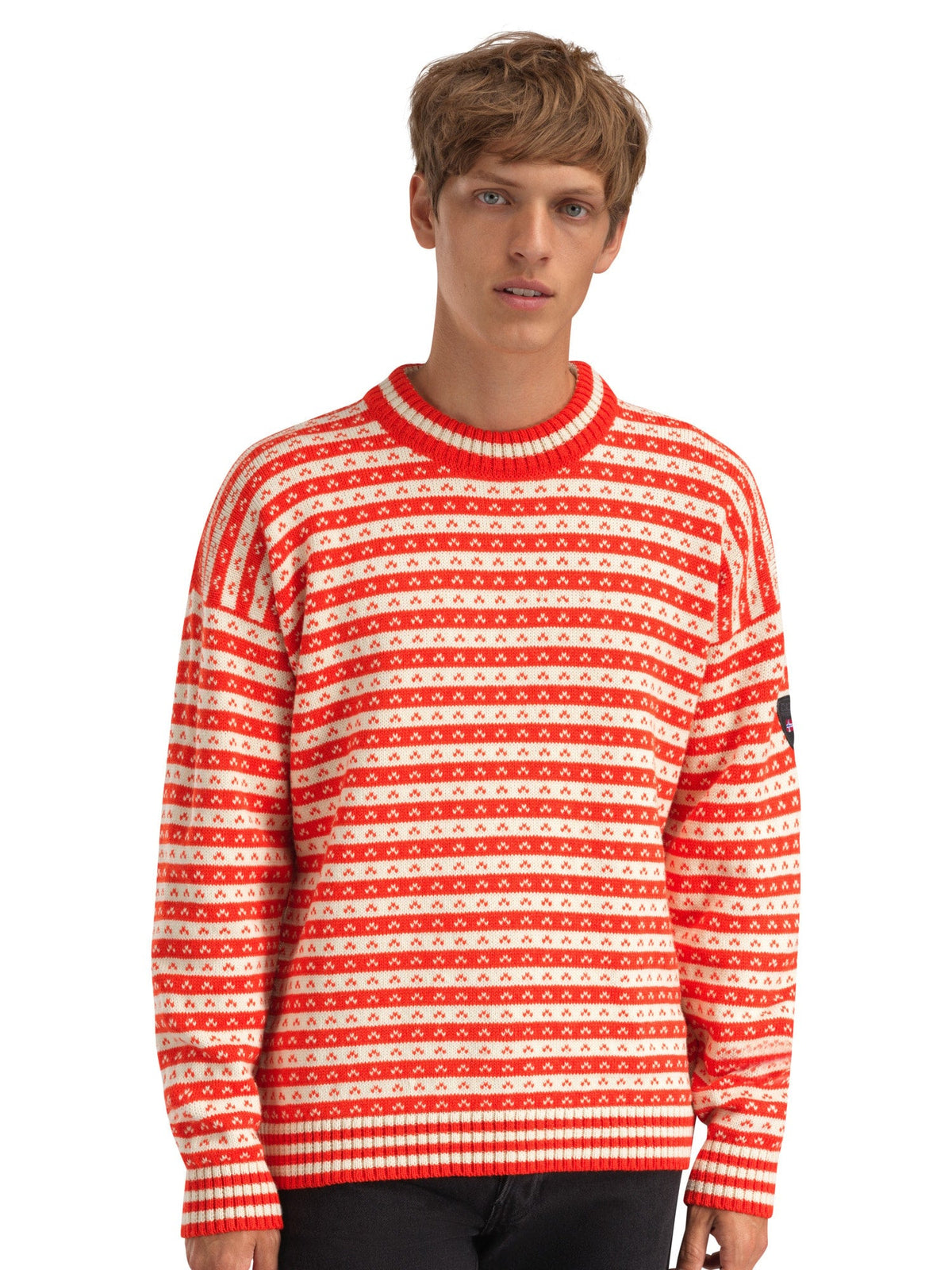 Dale of Norway Skipsleia Unisex Wool Sweater Roth Red - Natural White – Studio Men Front View