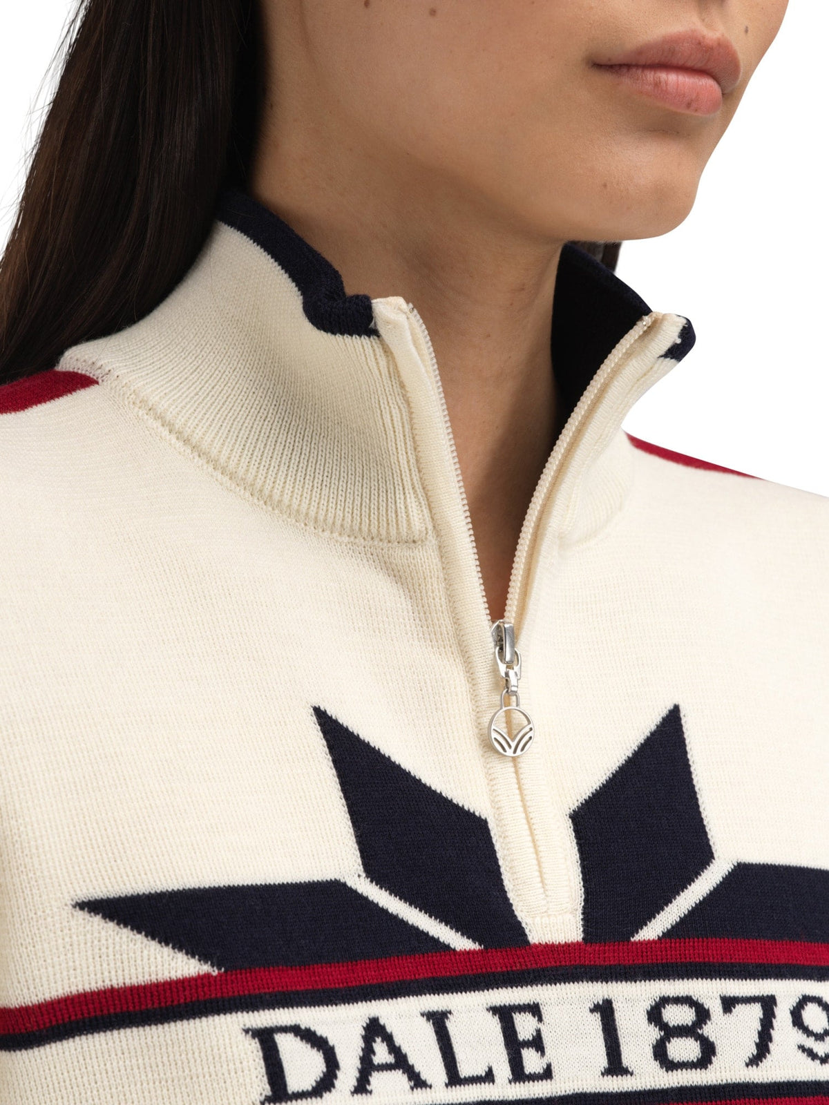 Dale Of Norway NÅLE Merino-Pullover Damen | Offwhite - Navy - Red Rose | Detail | DALE-96441-A00-03