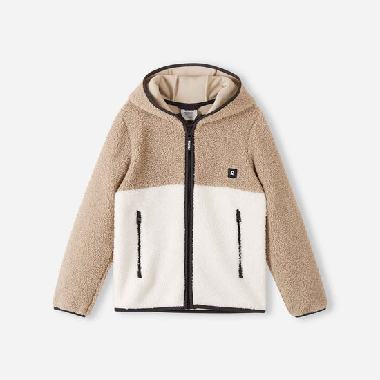 Chaqueta de felpa Reima Muhkea para niños, color beige tierra – Foto del producto (parte delantera)